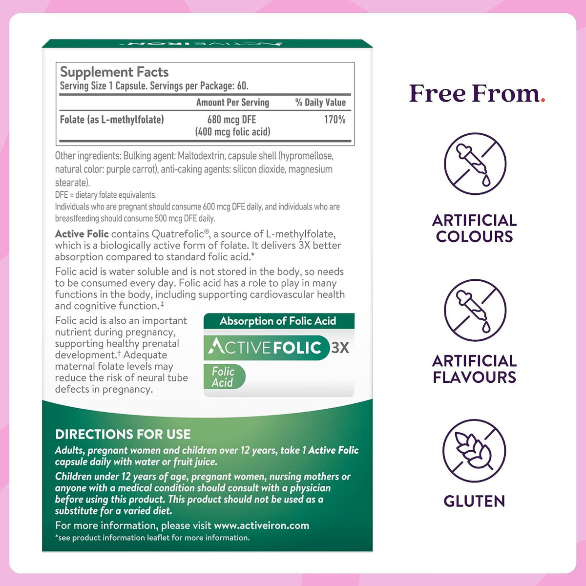 Active Folic Acid Supplement, 400mcg L-Methylfolate, Supports Pregnancy & Energy, Vegan, 60 Capsules - görsel 8