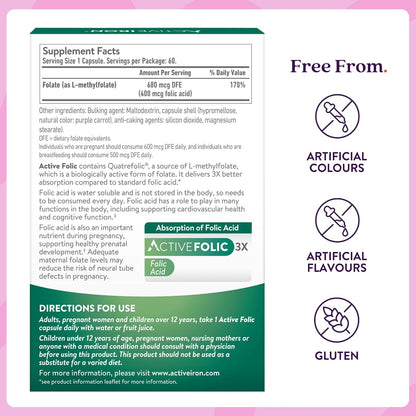 Active Folic Acid Supplement, 400mcg L-Methylfolate, Supports Pregnancy & Energy, Vegan, 60 Capsules