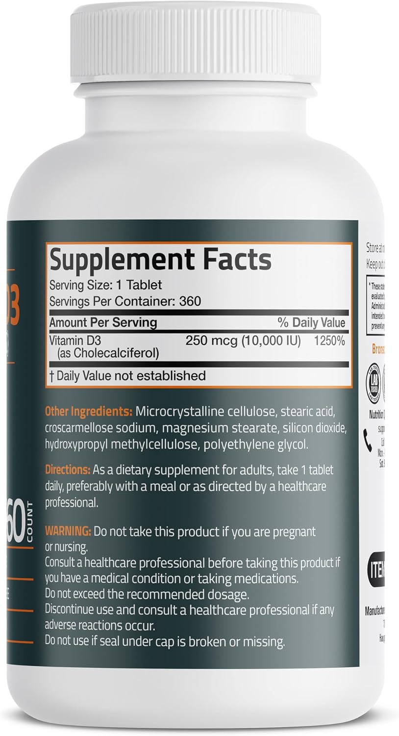 Bronson Vitamin D3 10,000 IU (250 mcg) - 360 Tablets for Immune and Muscle Health - görsel 2