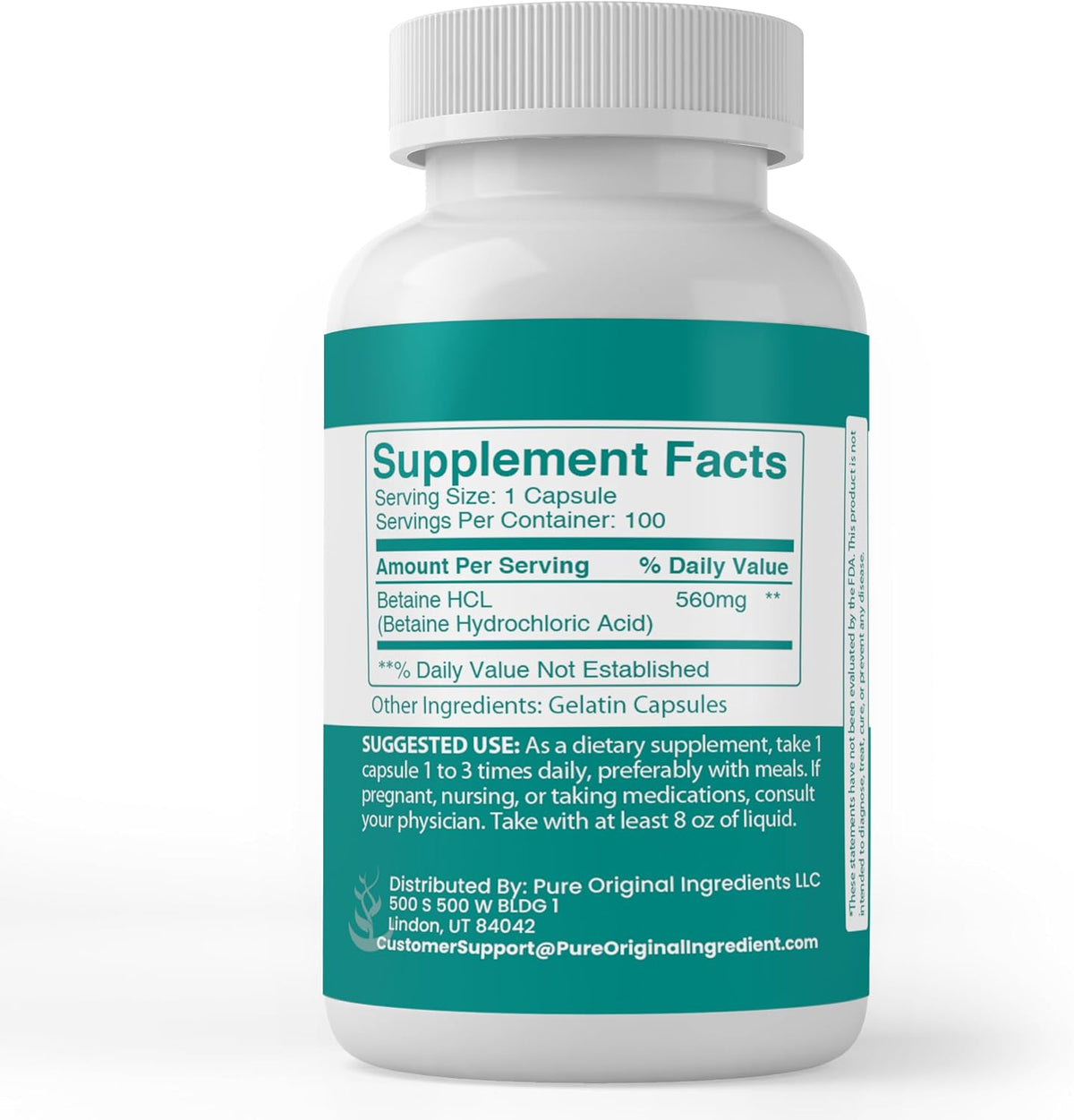 PURE ORIGINAL INGREDIENTS Betaine HCL – 100 Capsules – Pure, No Additives, Lab Verified - görsel 2