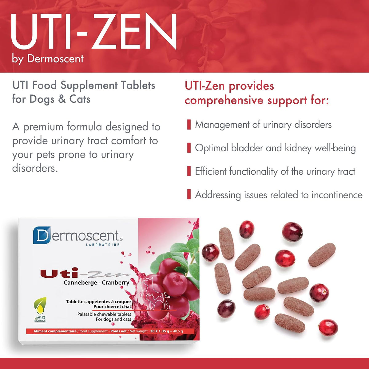 Dermoscent UTI-Zen Cranberry Tablets for Dogs and Cats Food Supplement for Bladder, Kidney & Urinary Tract Health Chicken Flavour - 30 Tablets - görsel 2