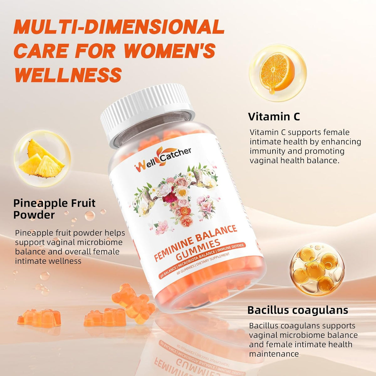 Premium Feminine Balance Gummies for Women - Hawaiian Pineapple Flavour Probiotic Gummies for pH Balance & Immune Support - görsel 4