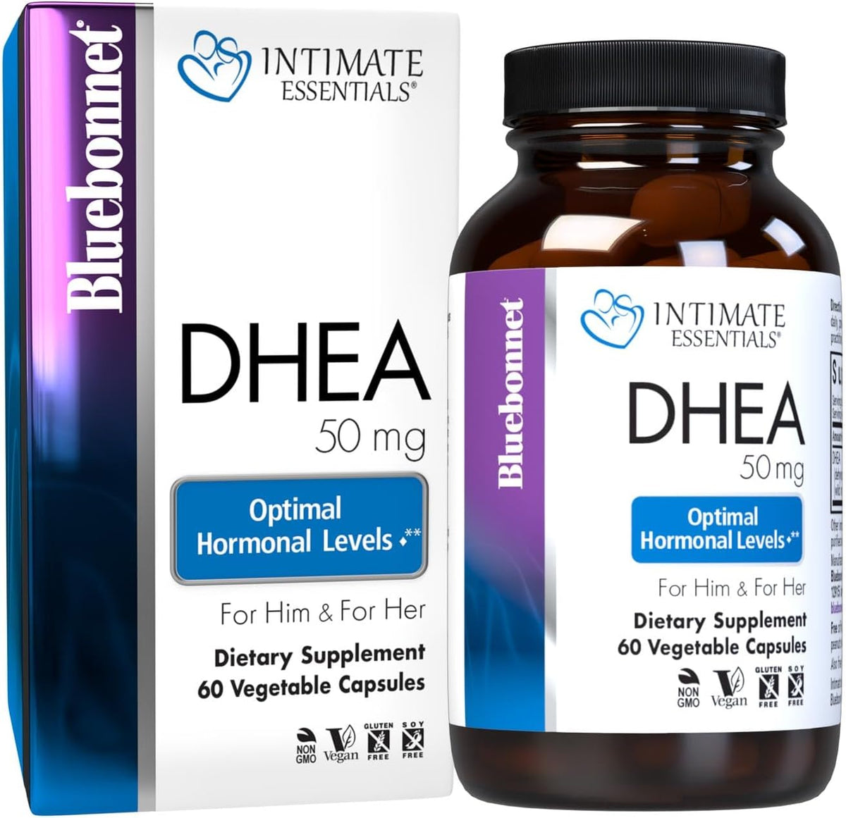 BlueBonnet Nutrition Intimate Essentials DHEA 50mg Food Supplement, Non-GM, Vegan, Gluten-Free, 60 Vegetable Capsules - görsel 1