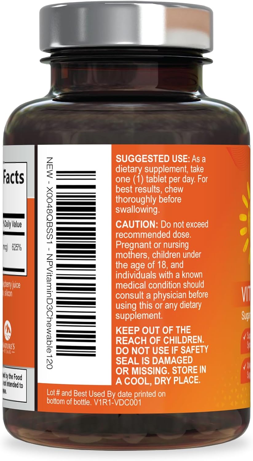 Nature's Peak Vitamin D3 5000 IU (125 mcg) Chewable Tablets – Raspberry Flavour, 120 Tablets - görsel 8