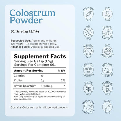 Immune-Tree 100% Pure Bovine Colostrum Powder (Grass-Fed) - 1 kg (661 Servings)