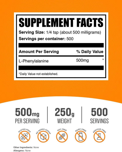 L-Phenylalanine Powder - Essential Amino Acid Supplement, 500mg per Serving, Gluten-free, 250g