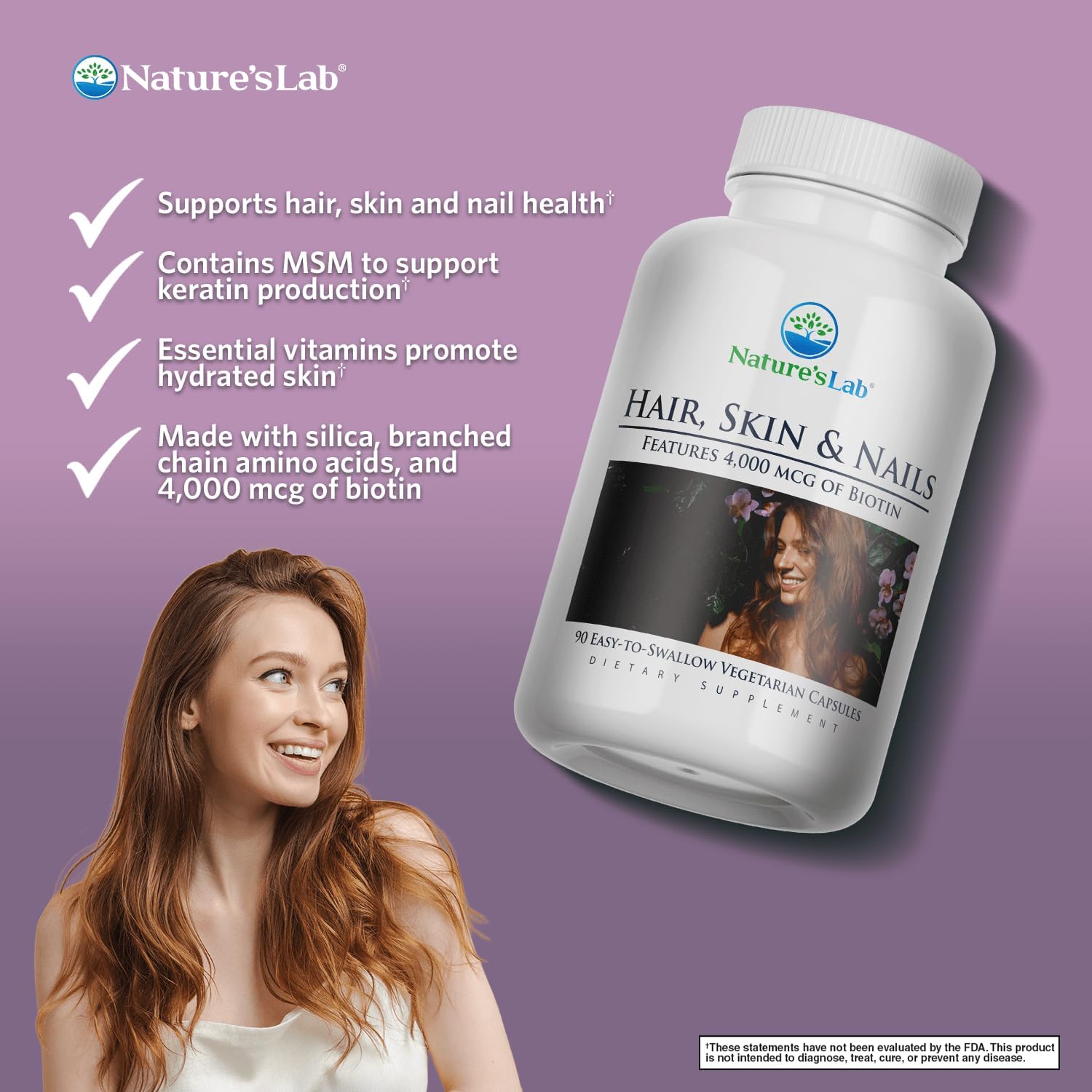 Nature's Lab Hair, Skin and Nails Supplement with Biotin, BCAA, MSM, Vitamin Complex - 90 Capsules (90 Day Supply) - görsel 2