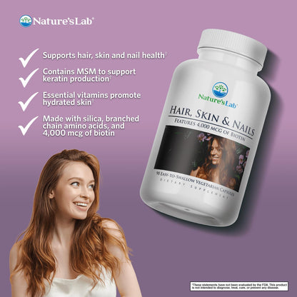 Nature's Lab Hair, Skin and Nails Supplement with Biotin, BCAA, MSM, Vitamin Complex - 90 Capsules (90 Day Supply)