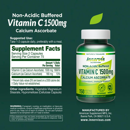 Buffered Vitamin C 1500mg – Non-Acidic Calcium Ascorbate Capsules for Immune Health – 150 Veggie Capsules by Innervis Nutrition