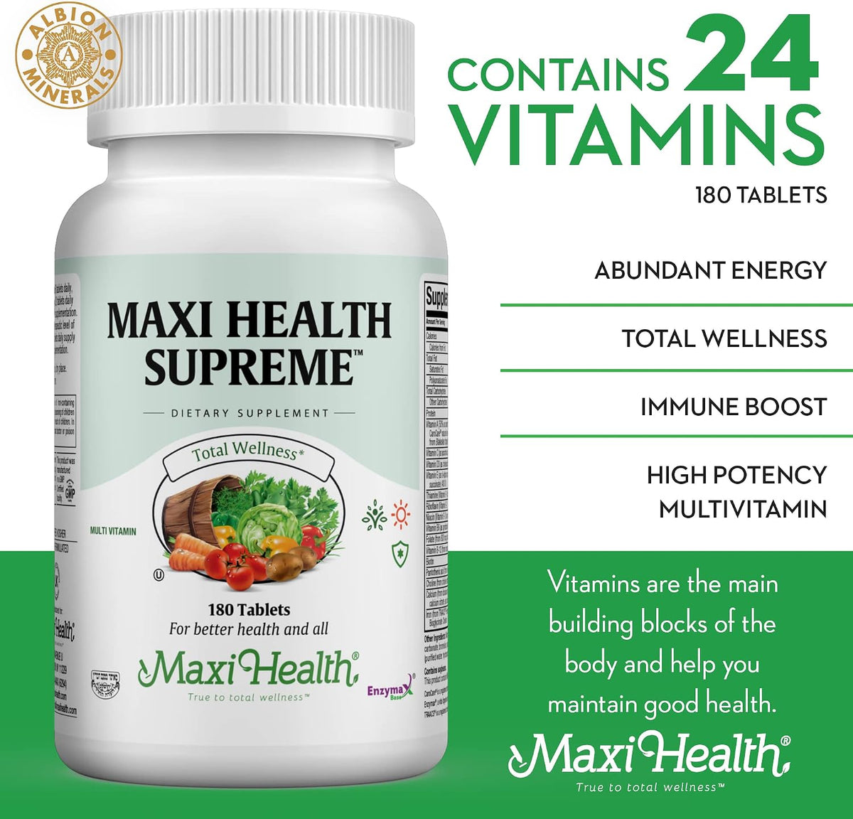 Maxi Health Supreme – High Potency Daily Multivitamin with Minerals, CoQ10 and Antioxidants for Men and Women (180 Tablets) - görsel 5