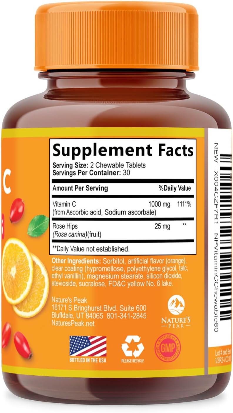 Vitamin C 1000mg per Serving – Extra Strength Chewable with Rose Hips – Sugar Free Orange Flavour – 60 Tablets - görsel 9