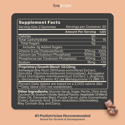 TruHeight Growth Gummies (Watermelon) - Natural Growth Supplement for Children & Teenagers with Vitamin D, K, Calcium & Ashwagandha