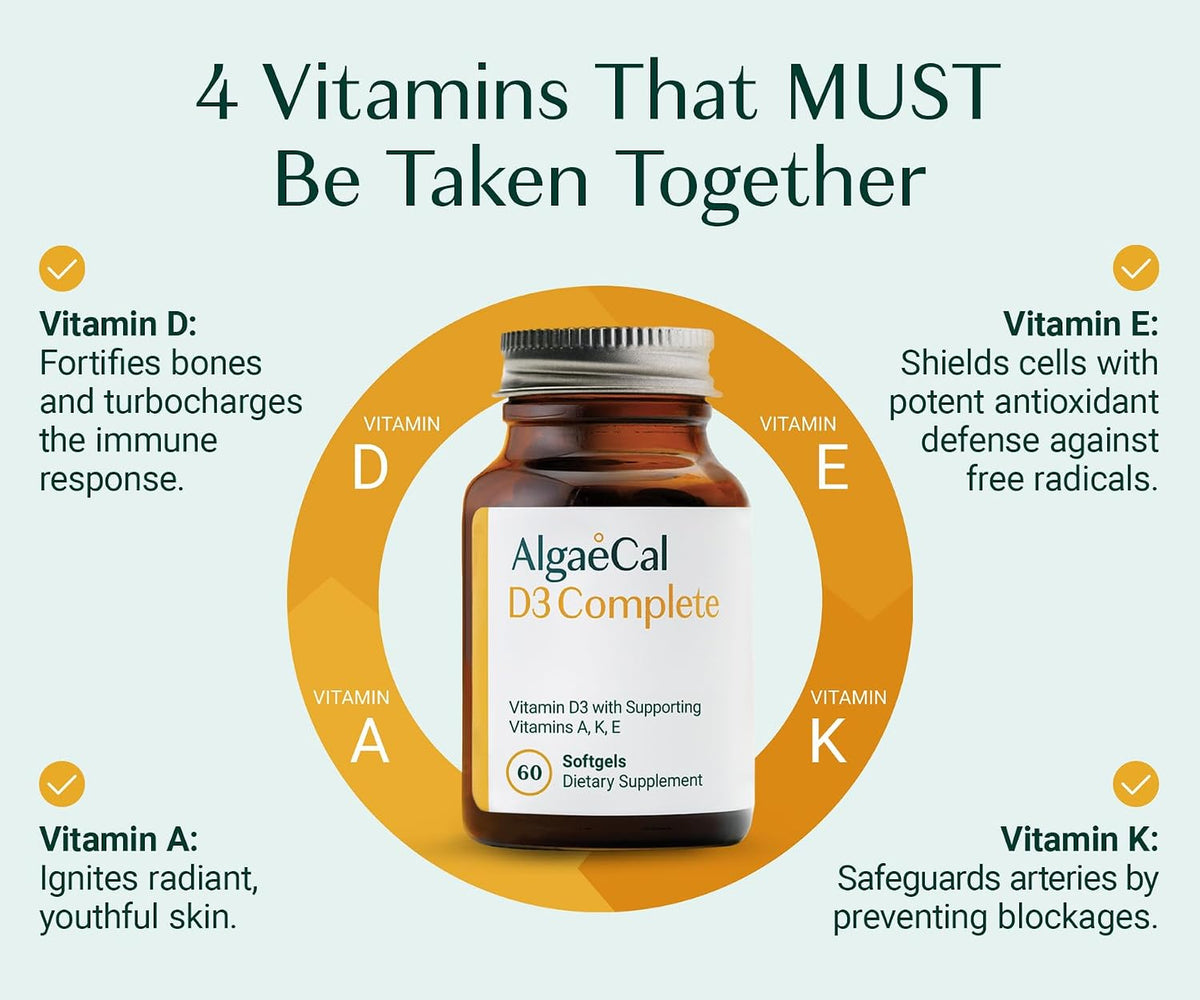 ALGAECAL D3 Complete - Vitamin D3, K2, A & E Food Supplement for Immune and Bone Health, 60 Softgels - görsel 2
