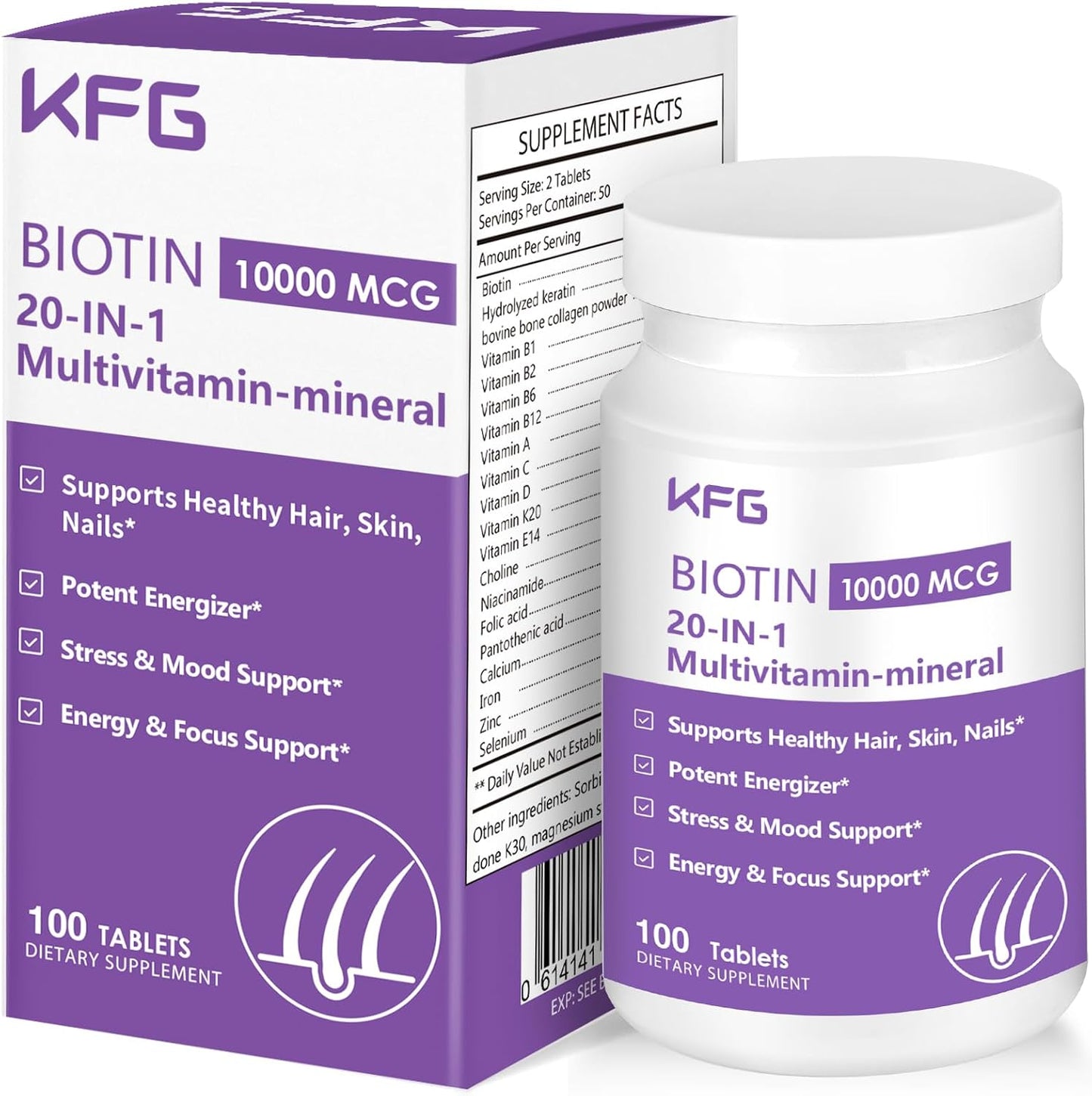 KFG Biotin 10,000 mcg Women's Multivitamin - with Keratin, Collagen, Calcium, Niacinamide & Vitamins A, B, D, C, E - for Hair, Skin, Nail & Bone Health - 100 Tablets - görsel 1