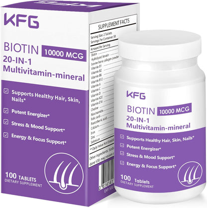 KFG Biotin 10,000 mcg Women's Multivitamin - with Keratin, Collagen, Calcium, Niacinamide & Vitamins A, B, D, C, E - for Hair, Skin, Nail & Bone Health - 100 Tablets