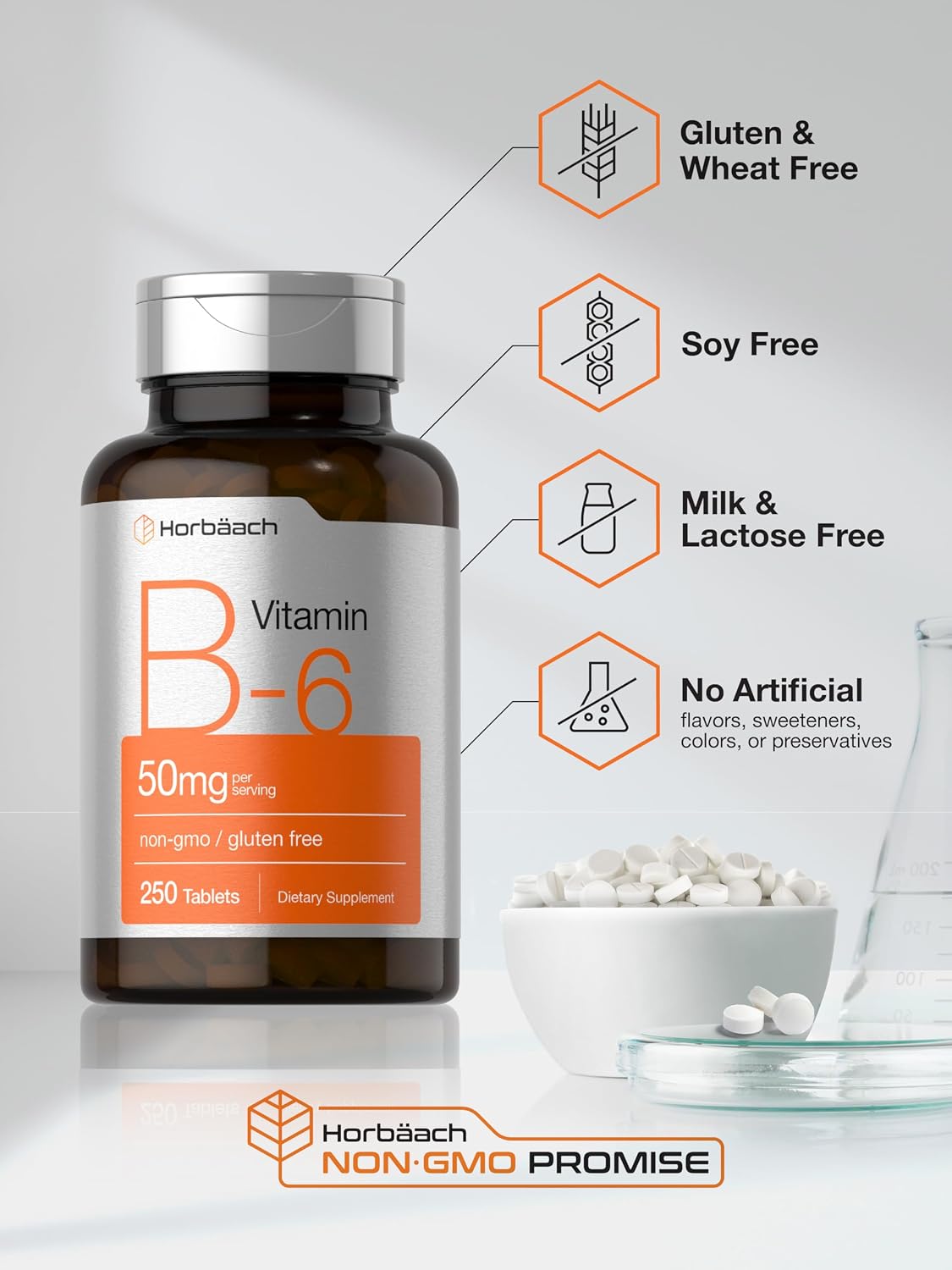 Horbäach Vitamin B6 50mg | 250 Tablets | Non-GMO & Gluten-free Food Supplement - görsel 5
