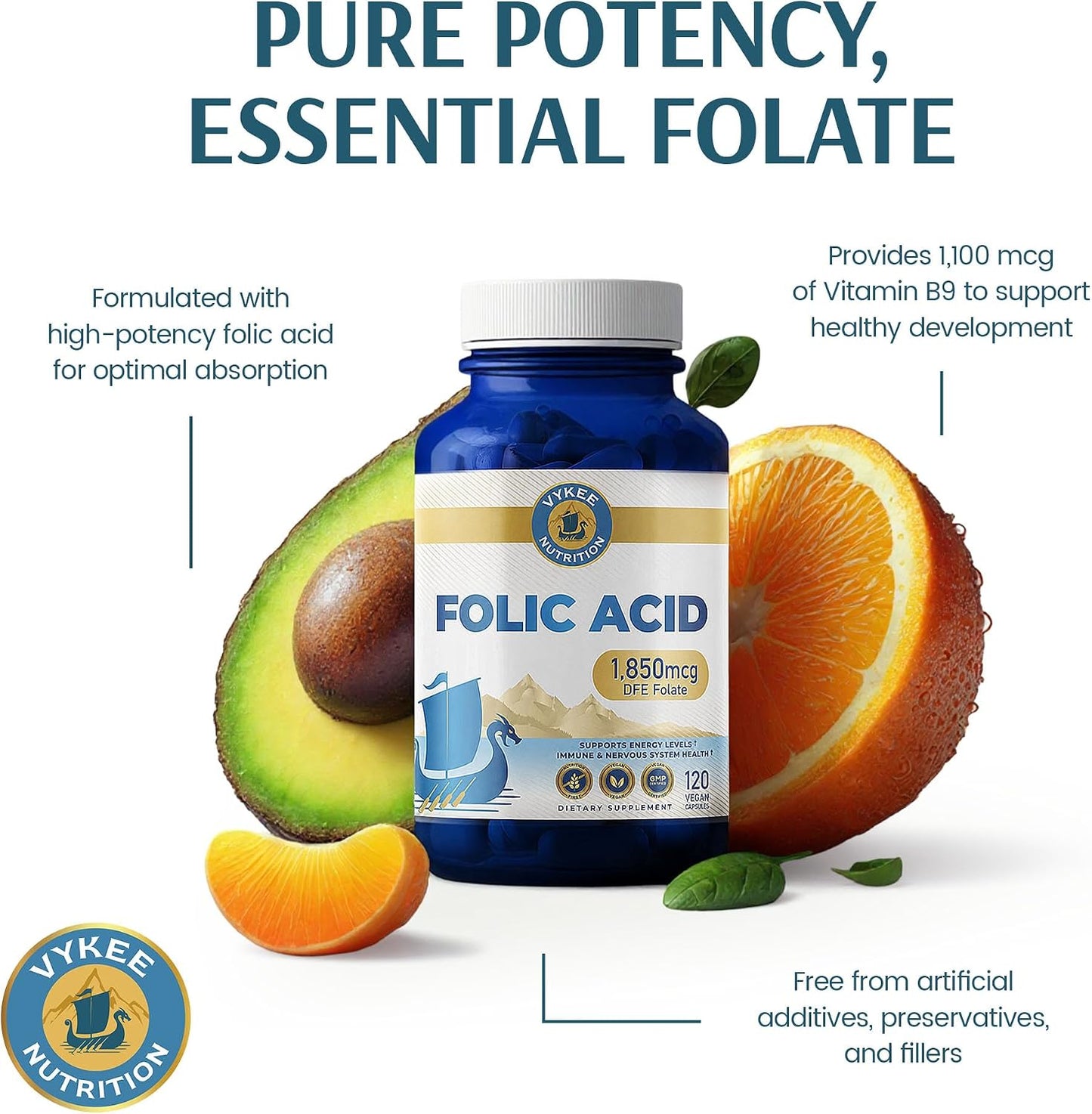 Vykee Nutrition Folic Acid Capsules – Supports Body Processes, Antenatal Health and Energy – Vitamin B9 Supplement – Vegan, Non-GMO, Gluten-free – 1,850 mcg DFE, 120 Count - görsel 7