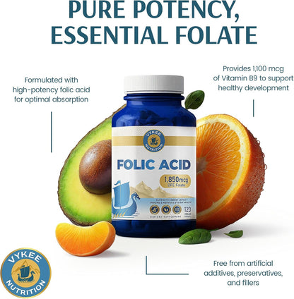 Vykee Nutrition Folic Acid Capsules – Supports Body Processes, Antenatal Health and Energy – Vitamin B9 Supplement – Vegan, Non-GMO, Gluten-free – 1,850 mcg DFE, 120 Count