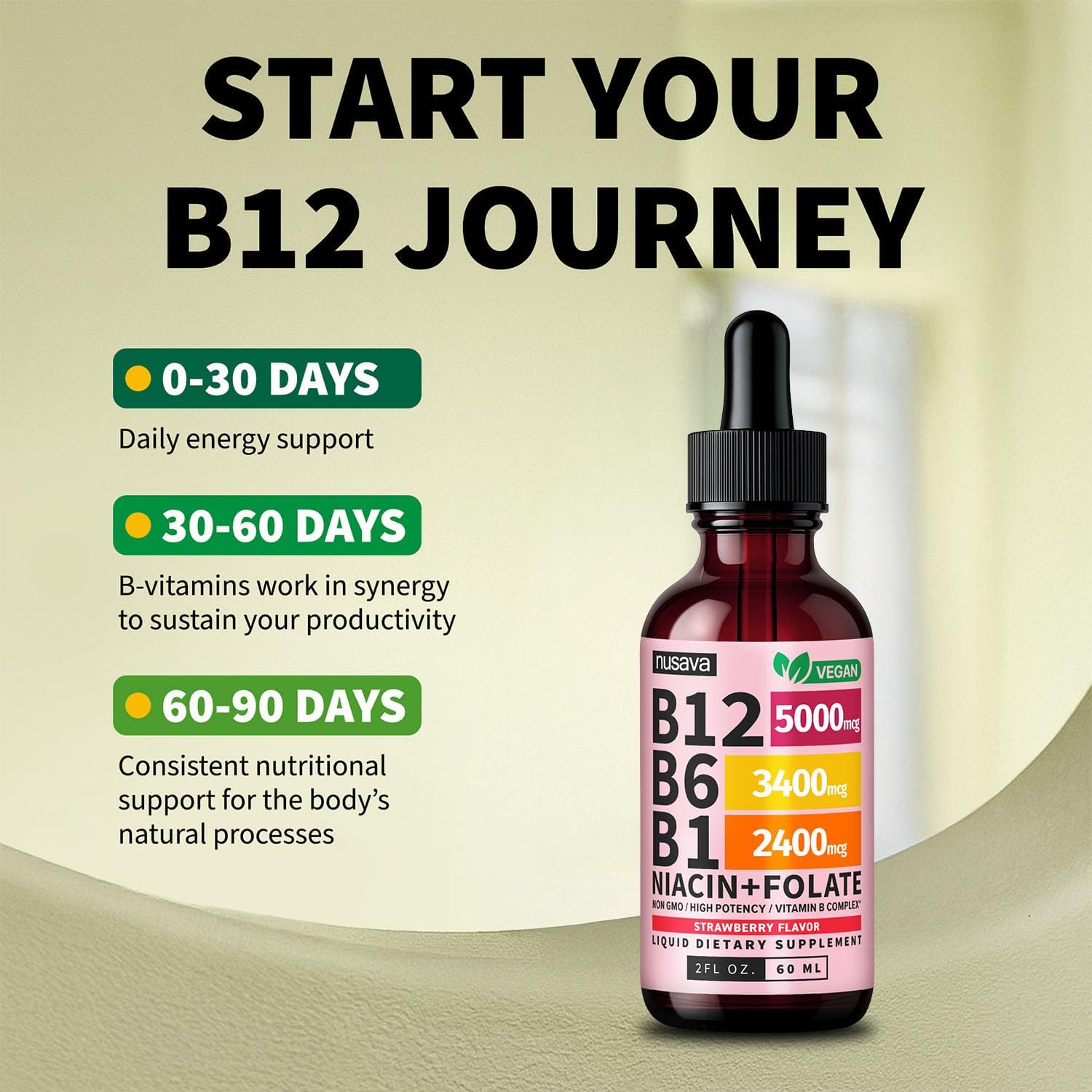 NUSAVA Vitamin B12 Liquid Drops 5000mcg - B-Complex with B6 and B1 - Sublingual Methylcobalamin, Vegan, Non-GM, Strawberry Flavour (2 Pack) - görsel 4