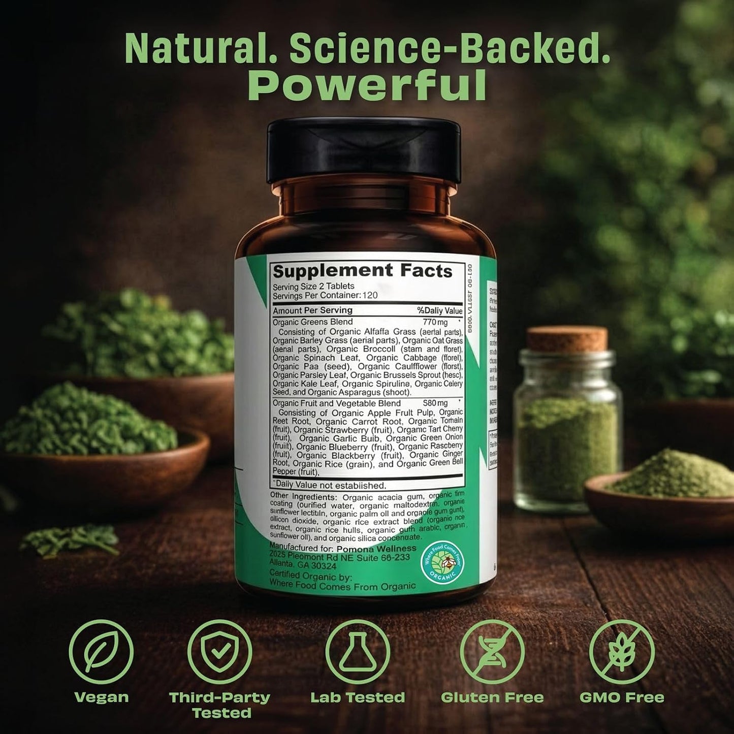 Pomona Wellness Super Greens Supplement - Organic, Non-GMO, 120 Tablets - görsel 2