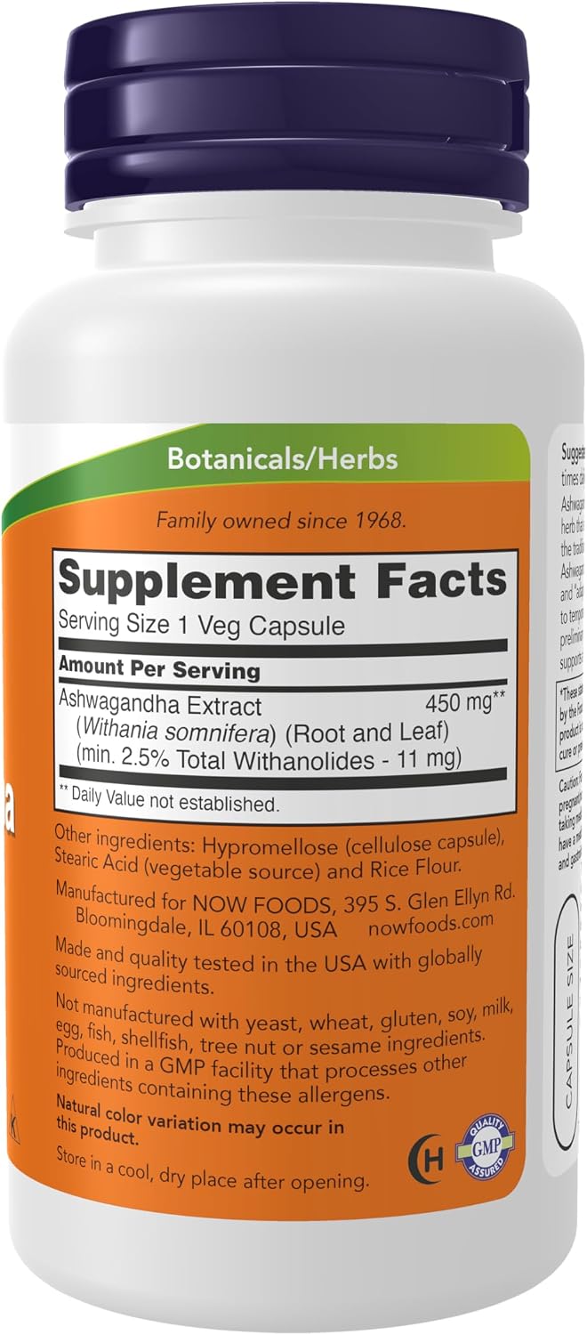 NOW Supplements, Ashwagandha (Withania somnifera) 450 mg, 90 Veg Capsules - görsel 2