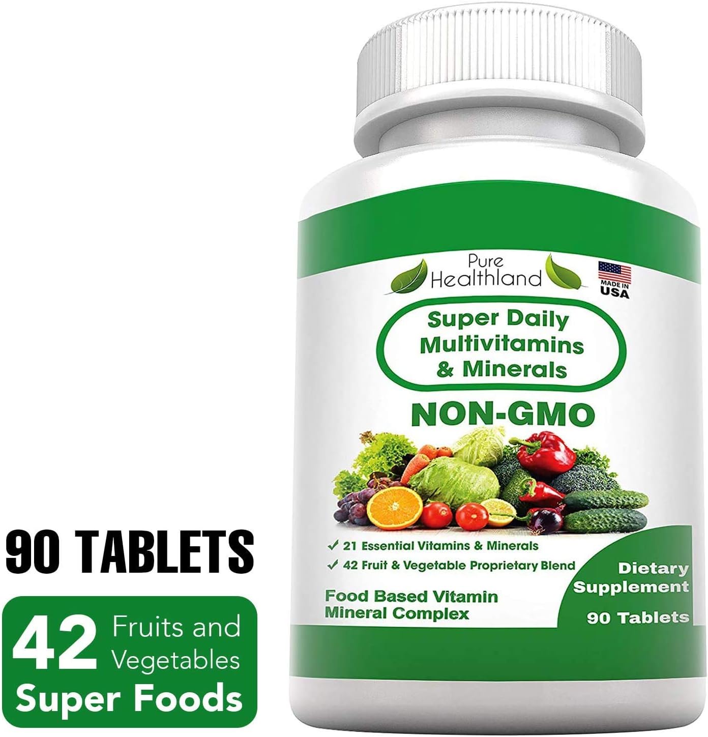 Pure Healthland Non-GMO Super Daily Multivitamin for Adults – 42 Natural Fruits & Vegetables Blend with 21 Essential Vitamins & Minerals – Vegan Coating Tablets, 90 Count, Made in USA - görsel 2