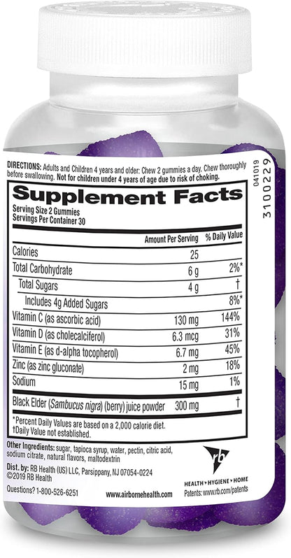Airborne Elderberry + Zinc & Vitamin C Gummies for Adults, Immune Support, 60 Gummies