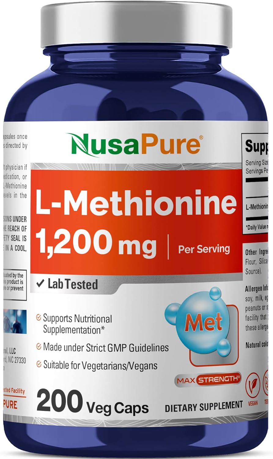 NusaPure L-Methionine 1200mg - 200 Capsules - Non-GMO & Vegan - görsel 1