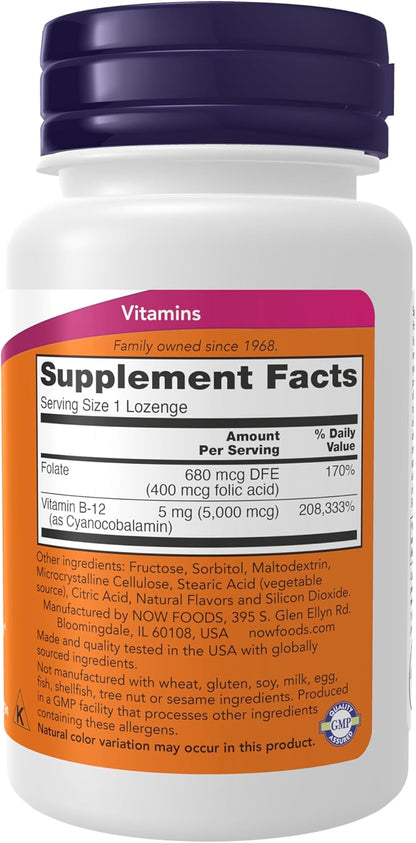 NOW Foods Vitamin B12 5000 mcg Lozenges with Folic Acid