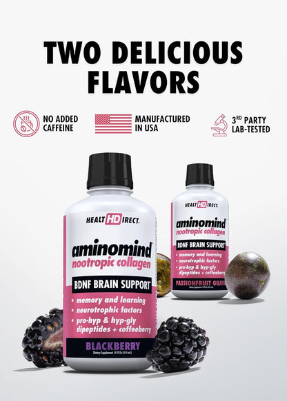 HEALTH DIRECT - AminoMind - Nootropic Collagen Supplement for Brain Health and BDNF - Pro-Hyp & Hyp-Gly Dipeptides, Coffeeberry Antioxidants - Blackberry - 414 ml (28 Servings)