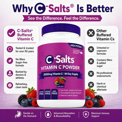 C-Salts Buffered Vitamin C Powder – Organic, Stomach-Friendly Vitamin C Drink – Mixed Berry, 227g (84 Servings)