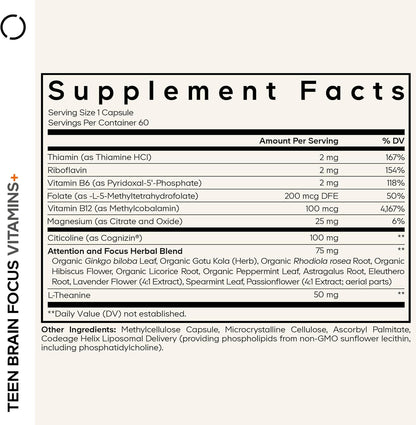 Codeage Teen Brain Focus Vitamins+ - Liposomal Brain Supplement for Teens (60 Capsules)