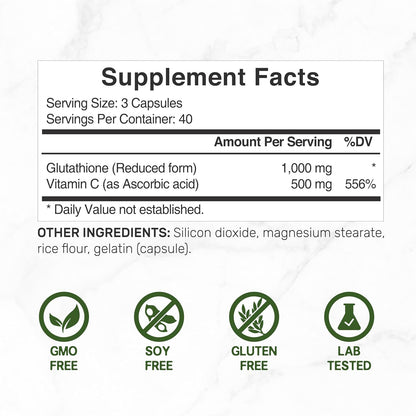Glutathione Supplement 1,000mg Per Serving, 98% Purity | Plus Vitamin C 500mg, Active Reduced Form (GSH) – Intracellular Antioxidant, Supports Normal Immune Function & Antioxidant Defence