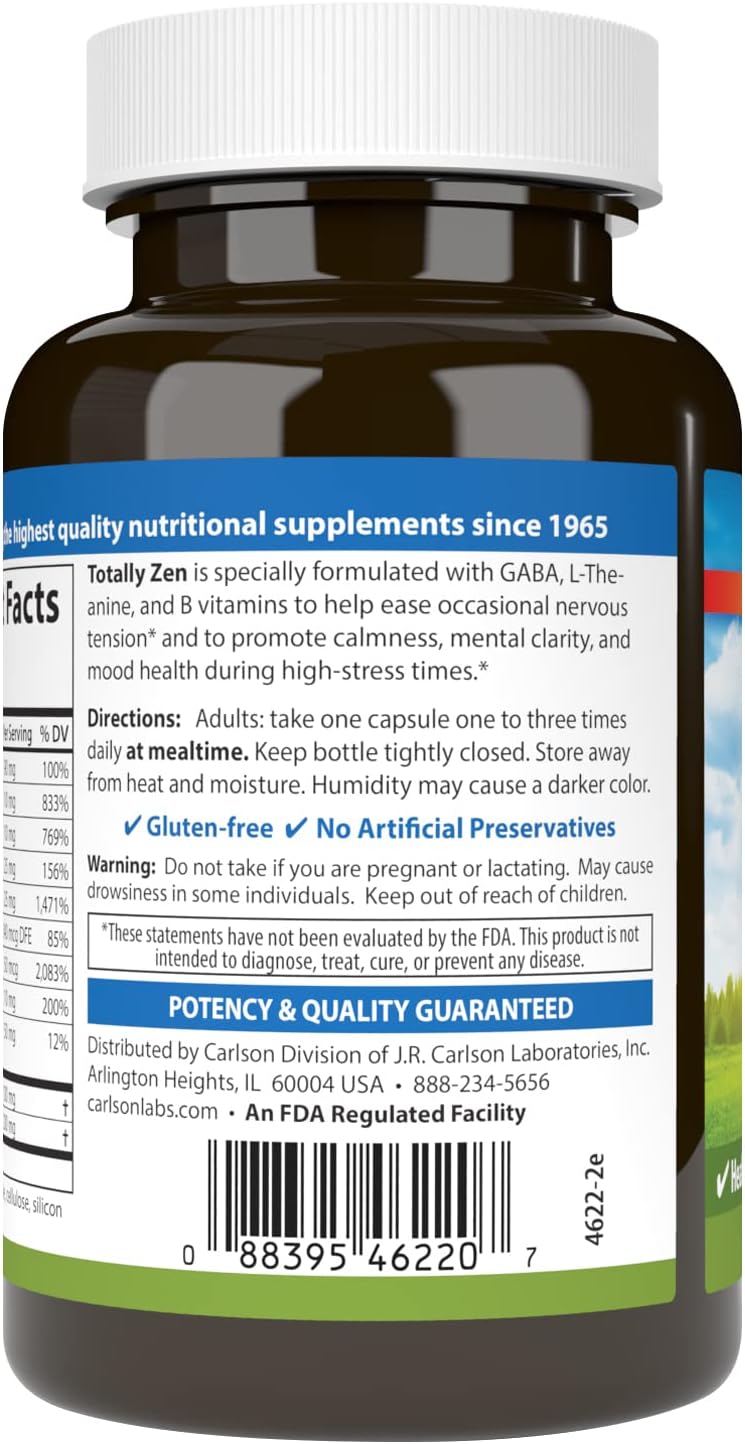 Carlson Totally Zen, GABA, L-Theanine & B Vitamins, 120 Capsules - görsel 3