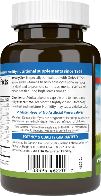 Carlson Totally Zen, GABA, L-Theanine & B Vitamins, 120 Capsules