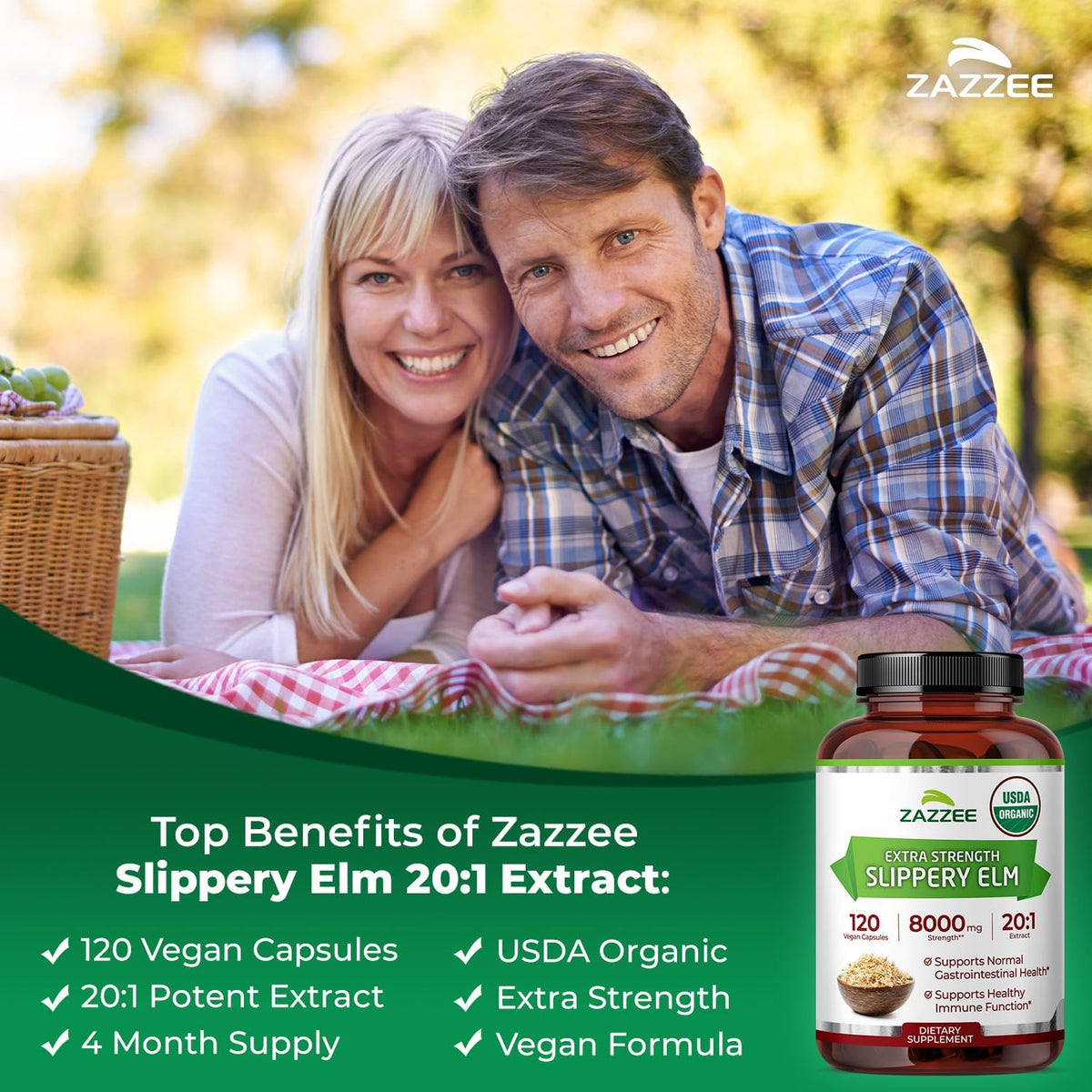 Zazzee USDA Organic Slippery Elm Bark 20:1 Extract, 120 Vegan Capsules - görsel 4