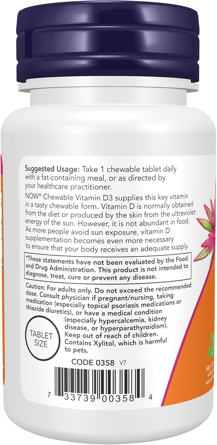 NOW Foods Vitamin D-3 5,000 IU Chewable Tablets with Natural Mint Flavour, 120 Chewable Tablets - görsel 3