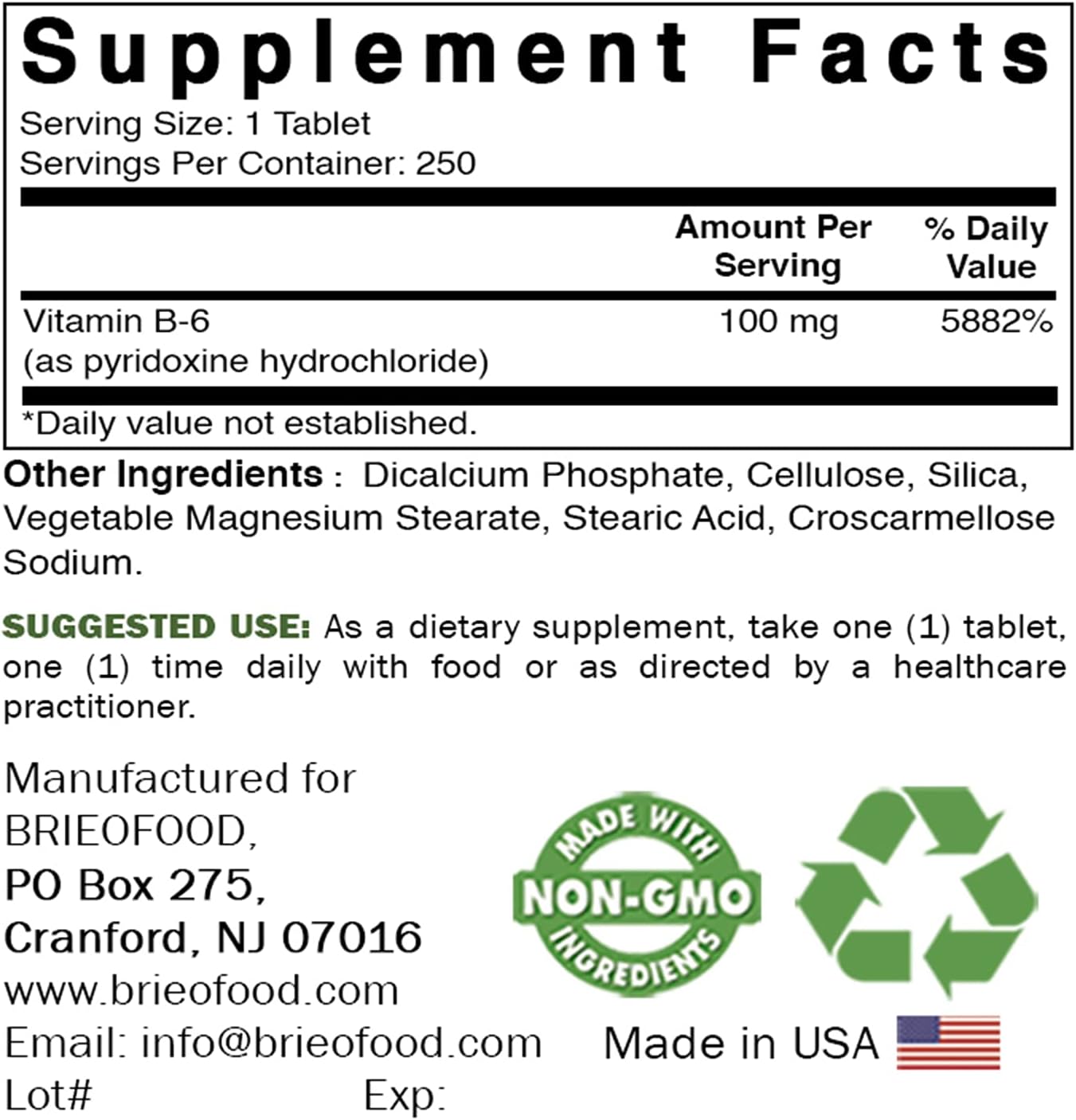 Brieofood Vitamin B6 100 mg 250 Tablets - görsel 4