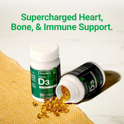 Essential Elements Vitamin D3 5000 IU – Soft gel capsules with Olive Oil – Bone, Muscle and Immune Support – 90 Soft gel capsules