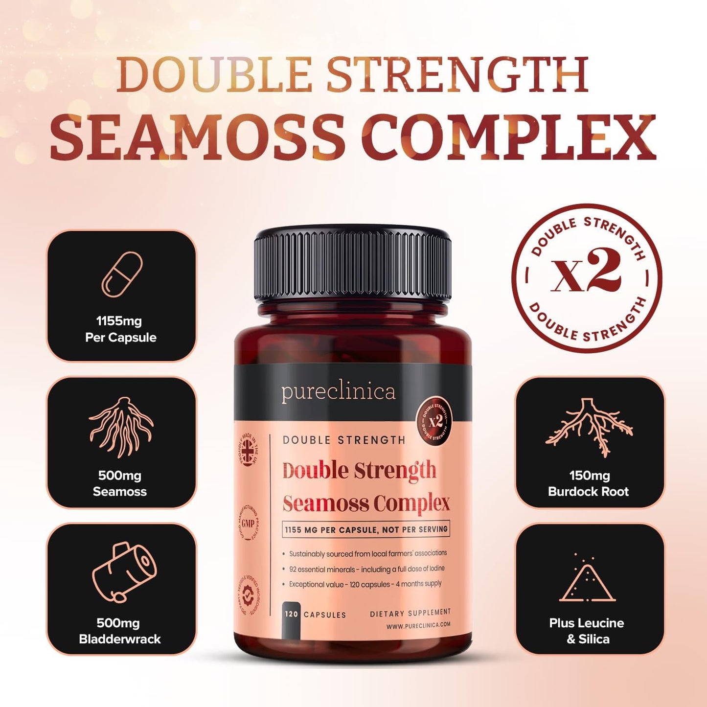 pureclinica Double Strength Seamoss Complex – 1155mg x 120 Capsules (4 Months Supply) – with Sea Moss, Bladderwrack & Burdock Root - görsel 3