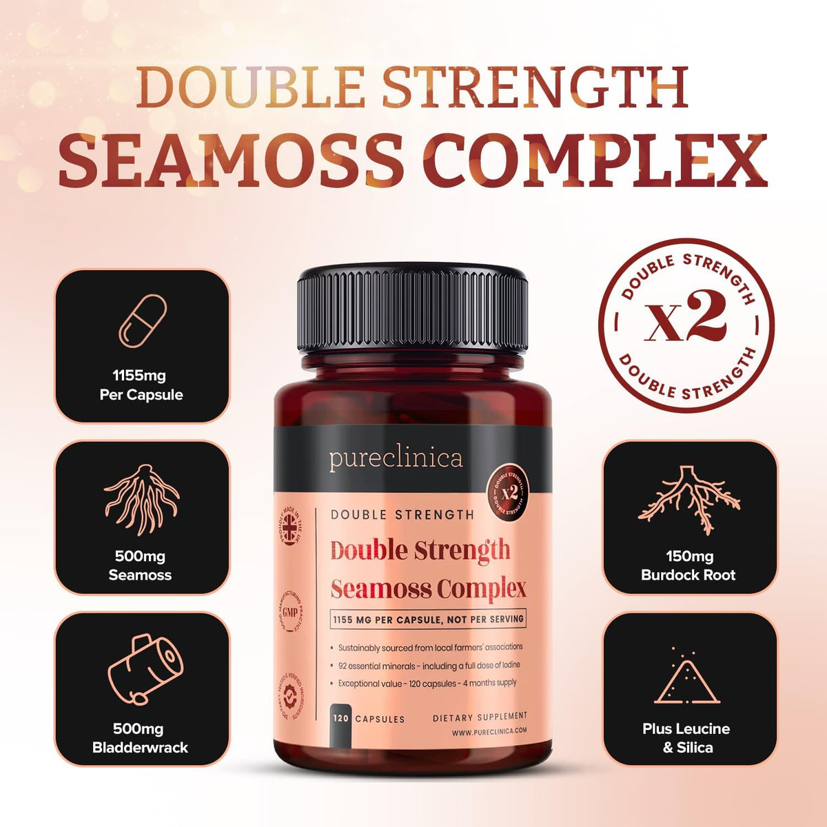 pureclinica Double Strength Seamoss Complex – 1155mg x 120 Capsules (4 Months Supply) – with Sea Moss, Bladderwrack & Burdock Root - görsel 3
