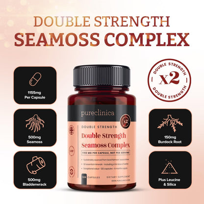 pureclinica Double Strength Seamoss Complex – 1155mg x 120 Capsules (4 Months Supply) – with Sea Moss, Bladderwrack & Burdock Root