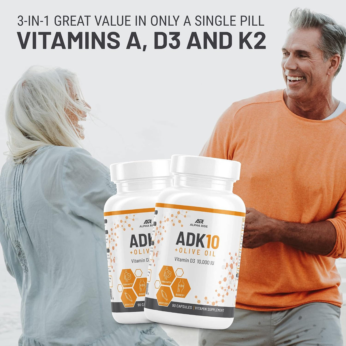 ALPHA RISE ADK 10 Vitamin Supplement + Olive Oil – Vitamins A, D3 (10,000 IU), K2 (MK7+MK4) – 90 Capsules - görsel 6