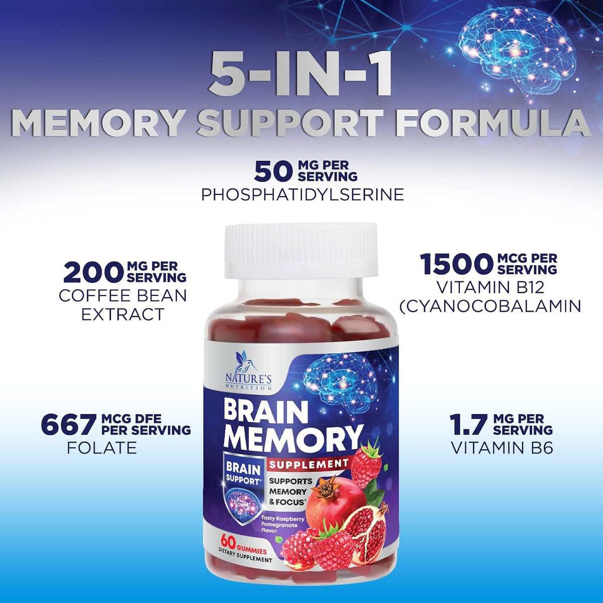 Nature's Nutrition Brain Gummies for Memory and Focus – 3X Strength with B6, B12, Phosphatidylserine – 60 Gummies - görsel 6