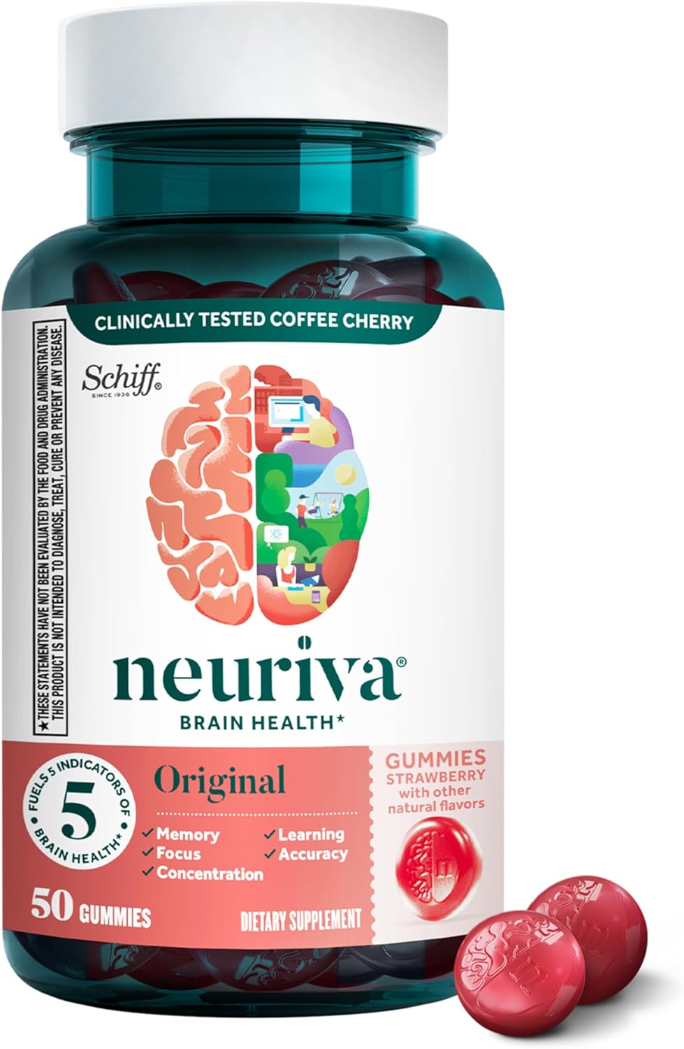 NEURIVA Original Brain Gummies with Phosphatidylserine and Neurofactor, Caffeine Free, Strawberry, 50 Count - görsel 1