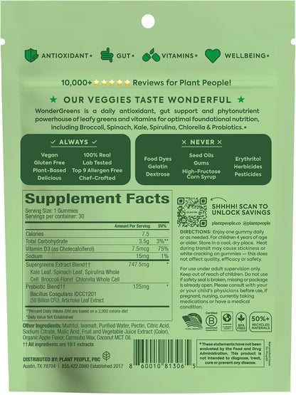 WonderGreens Kids Super Veggie Gummies - Sugar-Free Greens Gummies with Probiotics - Green Apple Flavour - 30 Count