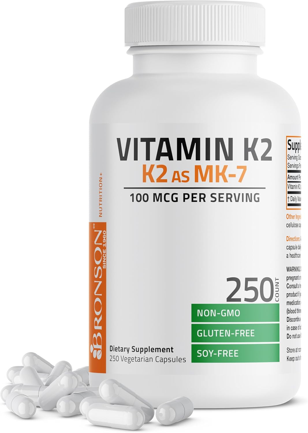 Bronson Vitamin K2 MK-7 Menaquinone 100 mcg, 250 Capsules - görsel 1