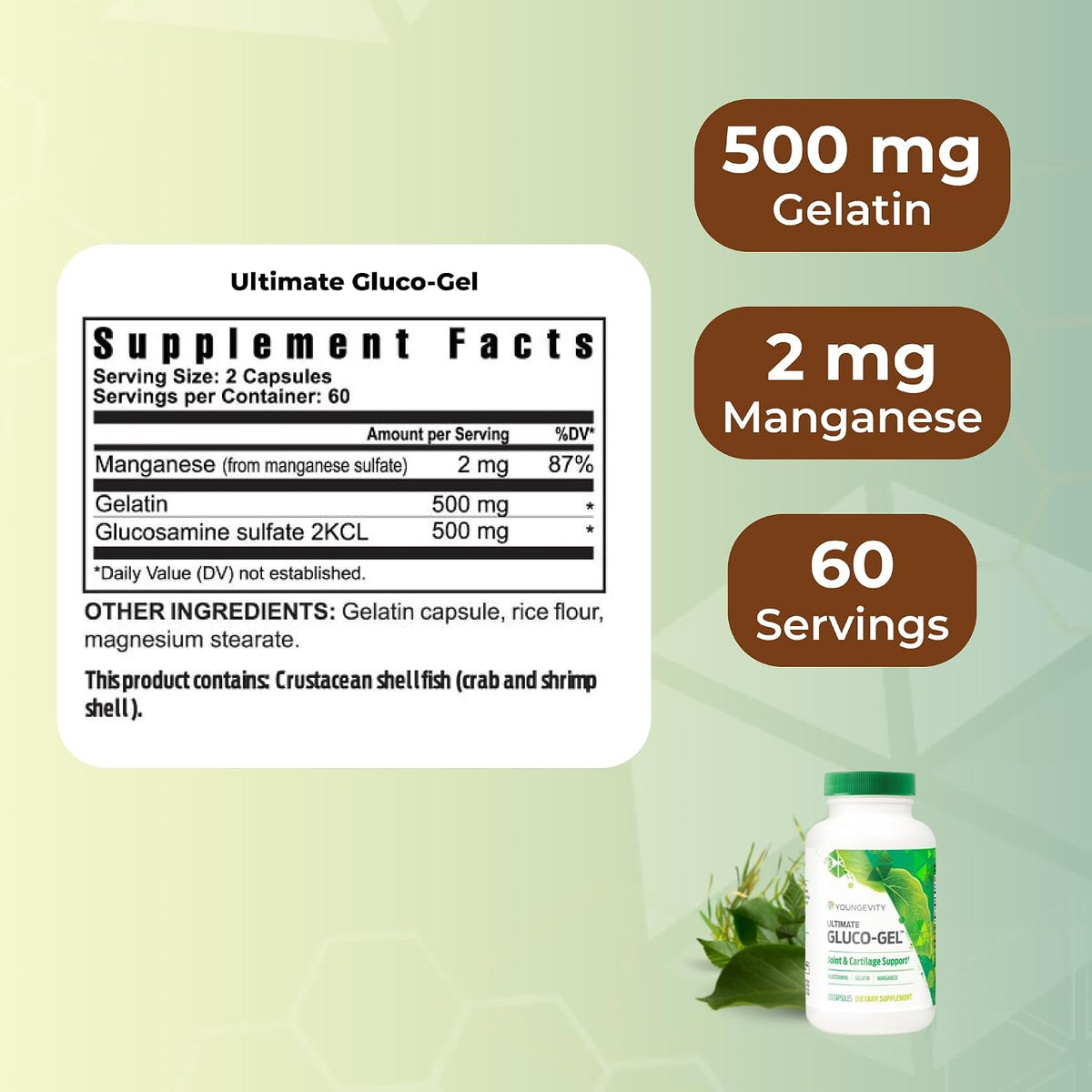 Youngevity Ultimate Gluco-Gel - Joint Support Food Supplement with Glucosamine, Gelatine and Manganese - 120 Capsules - görsel 3