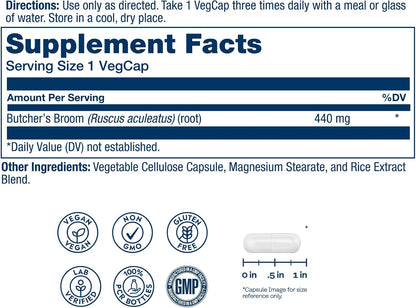SOLARAY True Herbs Butcher's Broom 440mg - Non-GMO, Vegan, Gluten Free, 100 VegCaps