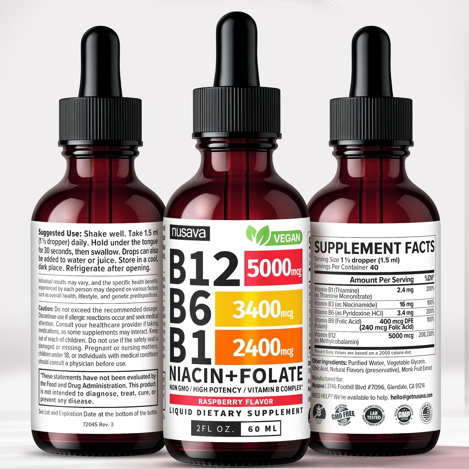 NUSAVA (2 Pack) Vitamin B12 Liquid Drops with B6, B1, Niacin & Folate — B12 Sublingual Vitamin B Complex, Methylcobalamin 5000 mcg, for Energy, Brain & Heart Support, Raspberry Flavour, 80 Servings - görsel 8